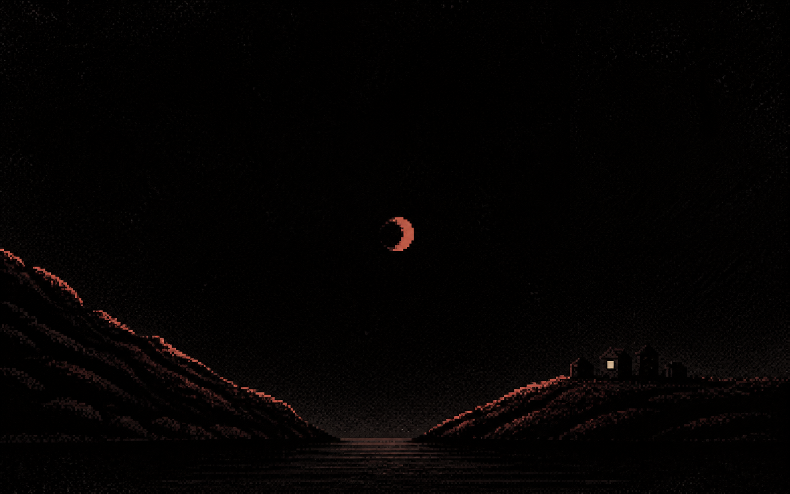 Two dark shores facing each other across a black inland sea, beneath a coral comma-shaped moon and one lit window.